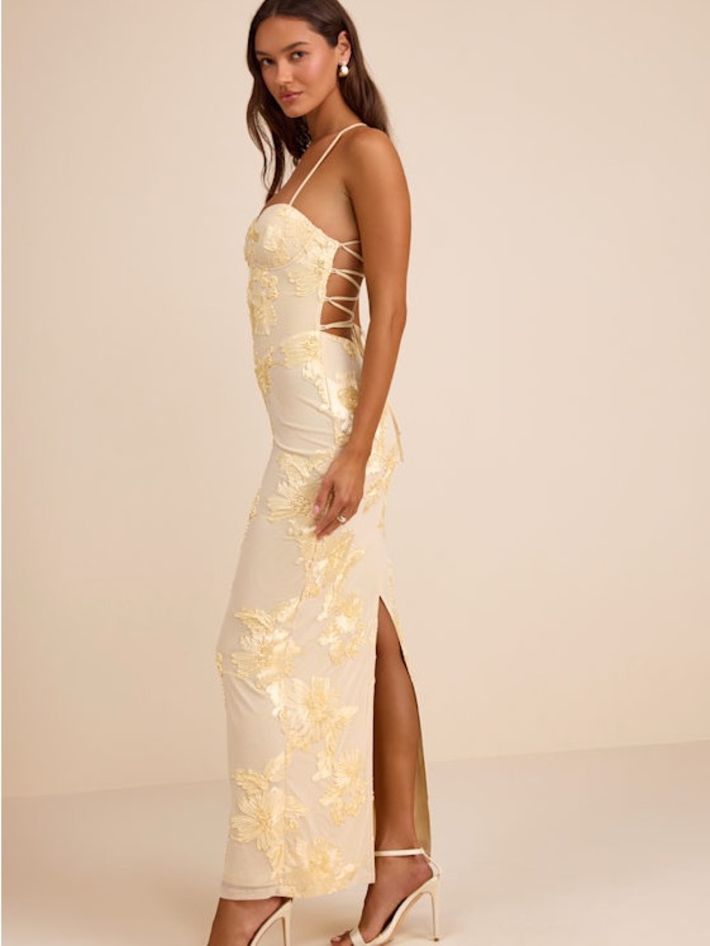 Lulus Nantessa Pale Yellow Floral Applique Lace-Up Back Maxi Dress Slit Medium - Picture 4 of 11